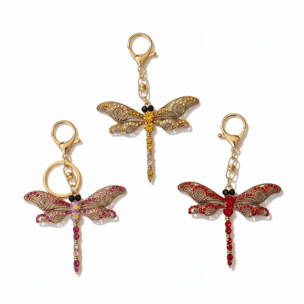 Bag Charm 2.5" Dragonfly Keychains Set in Purple, Yellow And Red